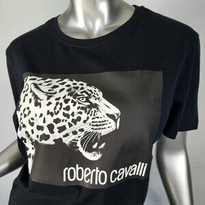 NWT~ROBERTO CAVALLI~L/XL~BLACK WHITE SHORT SLEEVE TIGER LOGO T-SHIRT TOP TUNIC